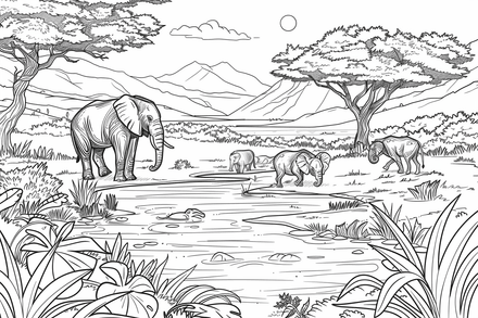 Colouring pages, bundle of African Savanna landscape, 25 images