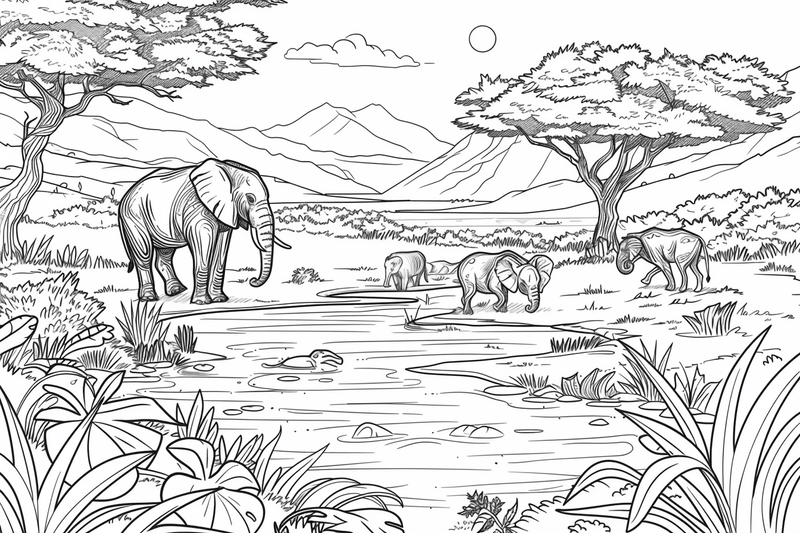 Colouring pages, bundle of African Savanna landscape, 25 images