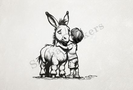 Small donkey hugged by a small boy, outline art