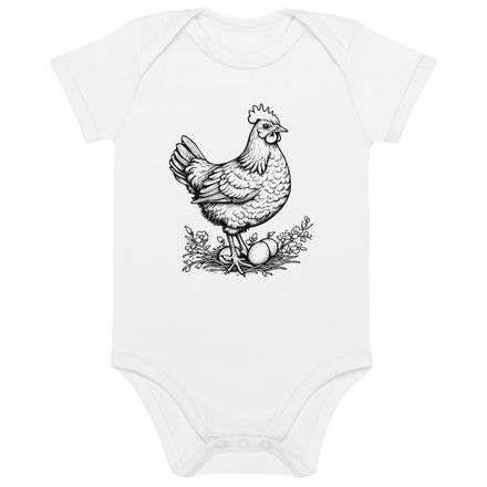 Organic Cotton Baby Bodysuit, 3-18 months, Hen brooding over its eggs, outline art 