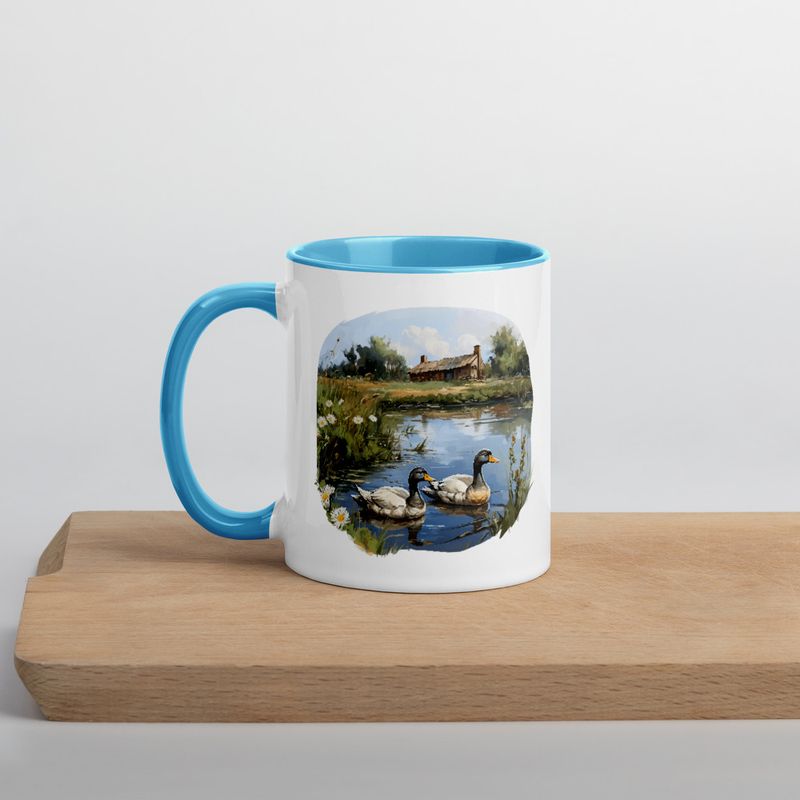 White Ceramic Mug with Color Inside, 11 &amp;15oz, Ducks in love swimming in farmhouse pond 