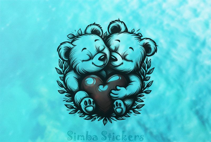 Bears cubs snuggling holding Valentine&#x27;s heart, outline art, dygppo
