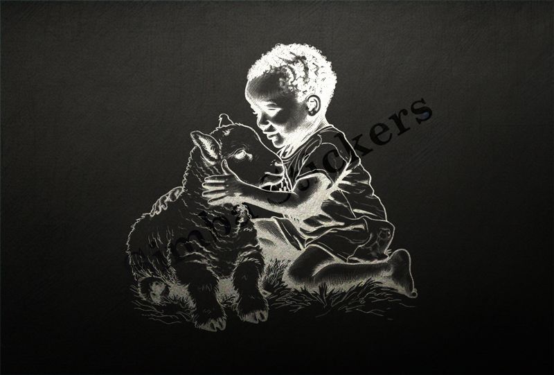 Lamb hugged by happy little boy of African origin, outline art