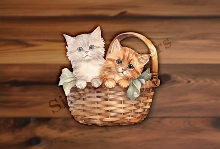 Two kittens in a leafy basket, vintage watercolour