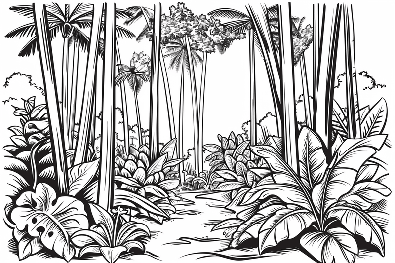 Colouring pages, bundle of Equatorial Rainforest landscape, 25 images