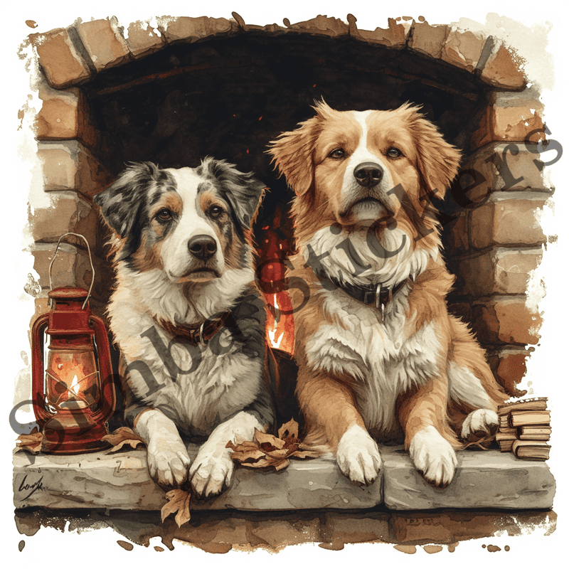 Dogs cuddling by fireplace, image set, 10 images