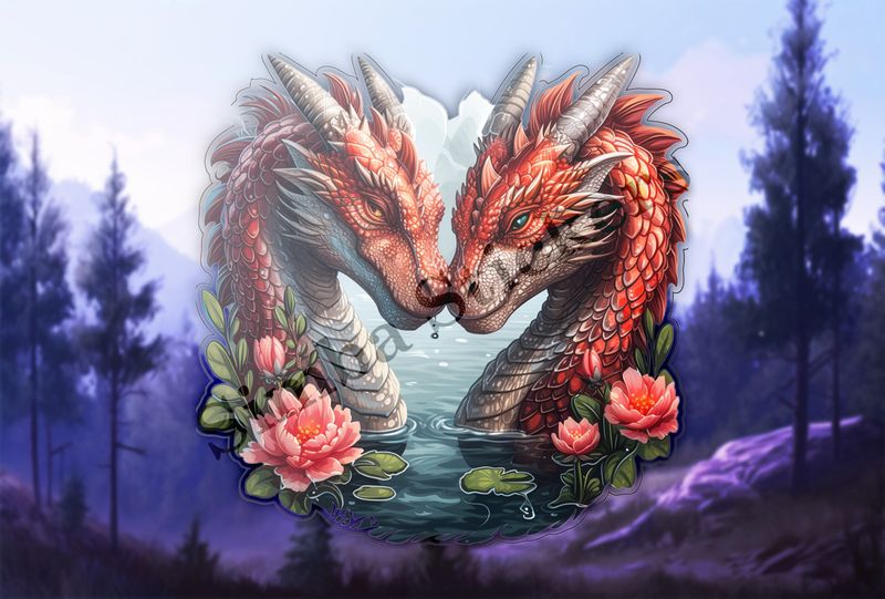 Red dragons in love, in the water