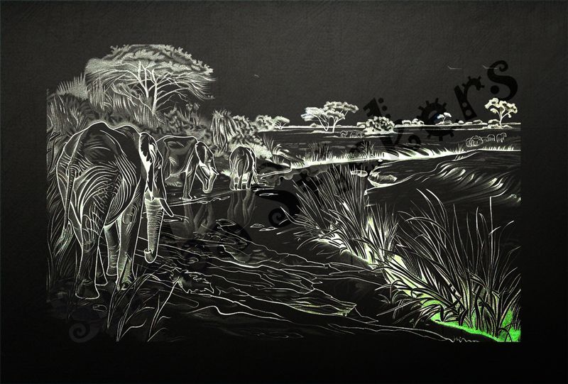 African Savanna landscape, with elephant train, outline art