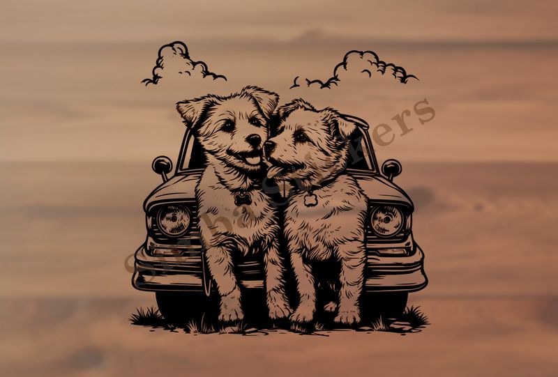 Dogs in love sitting in front of a car, outline art