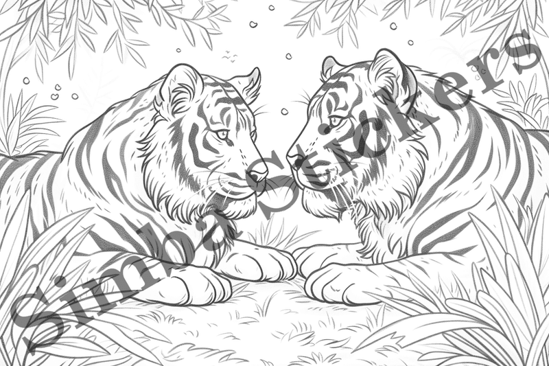 Colouring pages, bundle of tigers in love, 10 images