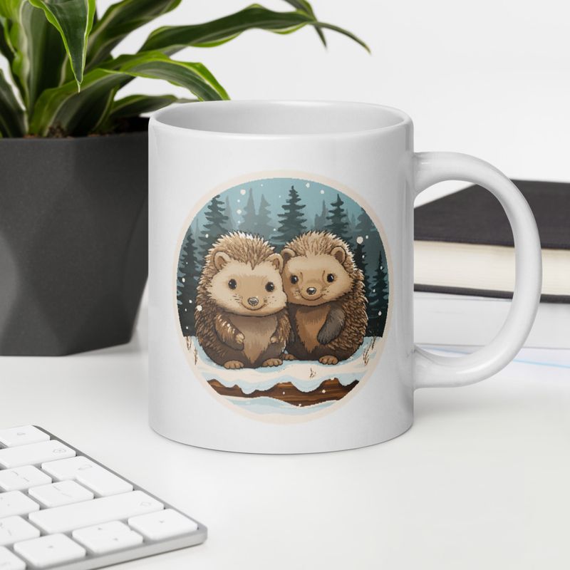 White Glossy Mug, 20oz, Cute Porcupines in the snow, circled 