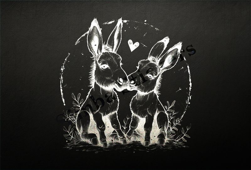 Donkeys in love, nose-to-nose, sitting, outline art