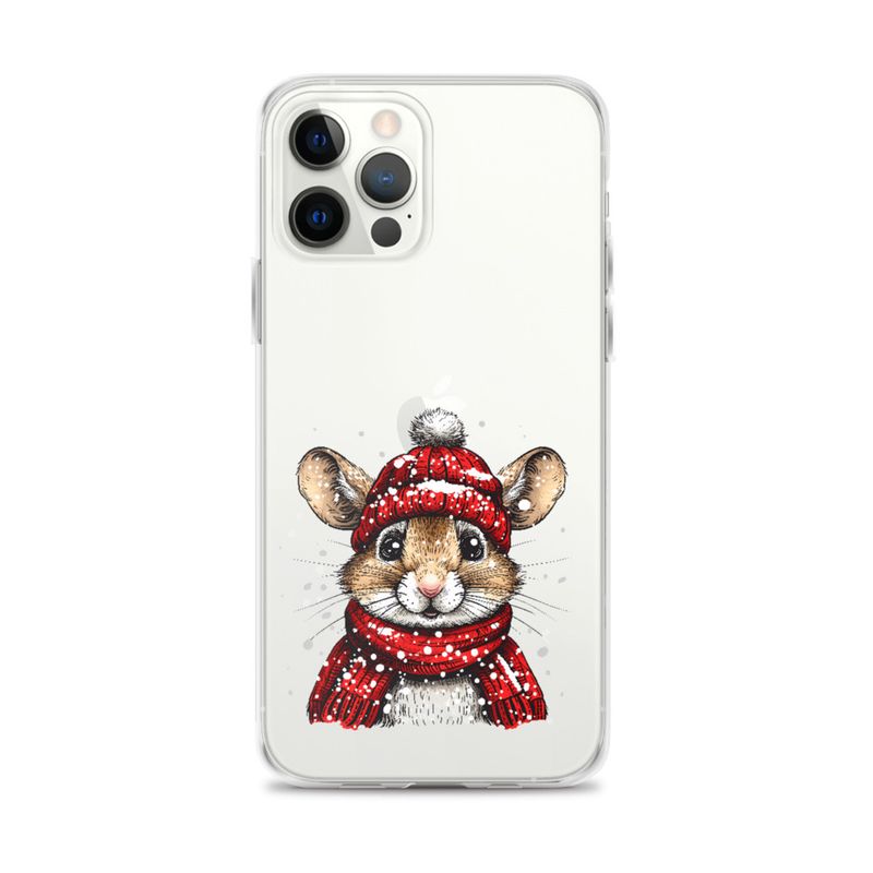 Clear Case for iPhone, Mouse wearing red winter hat and scarf in the snow, xg8dl3