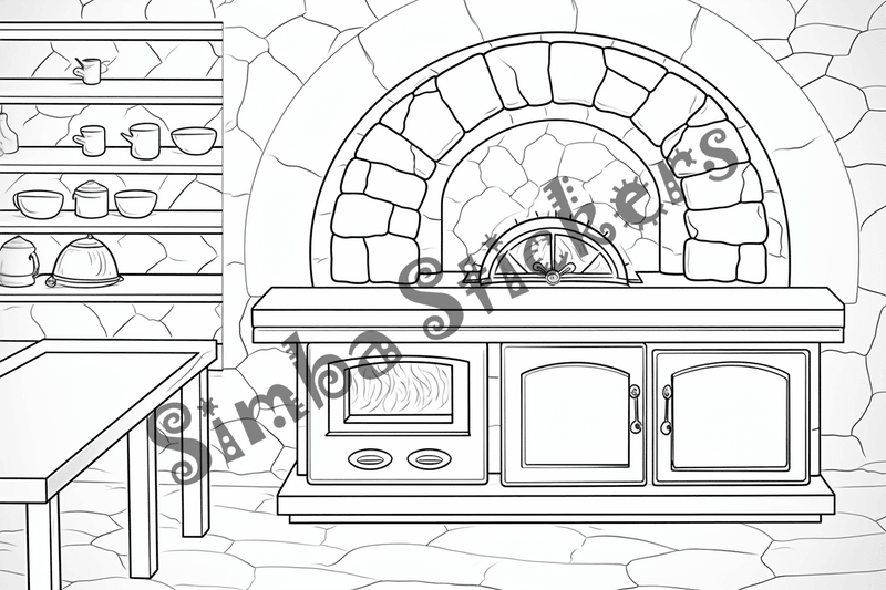 Colouring pages, bundle of house kitchens with stone ovens, 10 images
