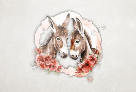 Small donkeys in love, flowers all around, watercolour