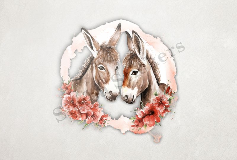 Small donkeys in love, flowers all around, watercolour