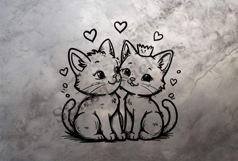 Cat kittens, one with crown, cheek-to-cheek, romantic, outline art