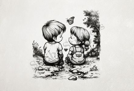 Boy and girl sitting on either side of narrow stream, outline art