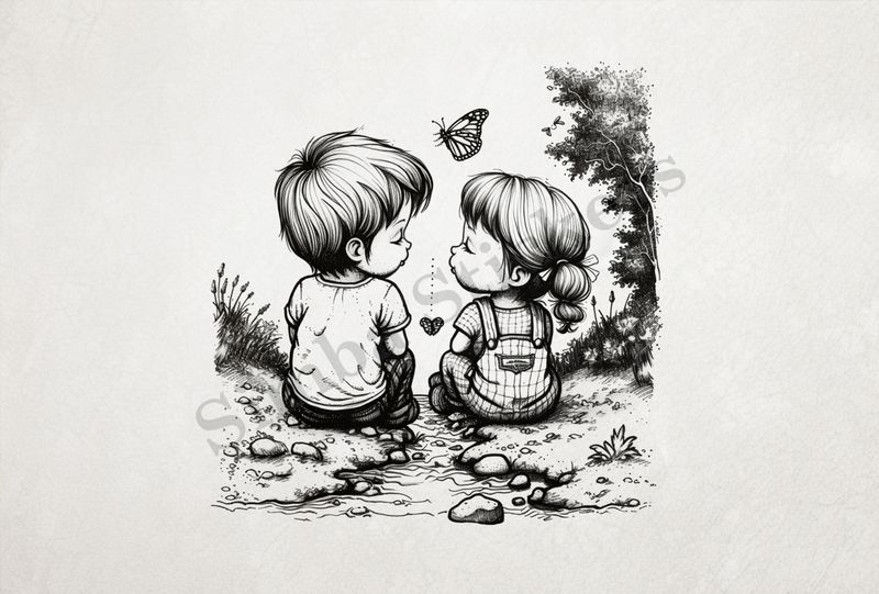 Boy and girl sitting on either side of narrow stream, outline art