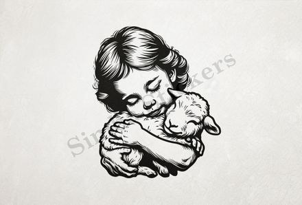 Lamb hugged by small Mediterranean girl , outline art