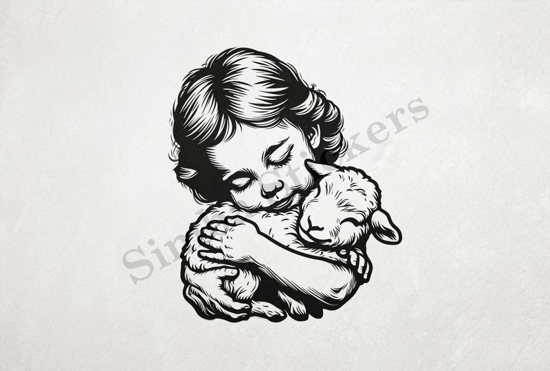 Lamb hugged by small Mediterranean girl , outline art