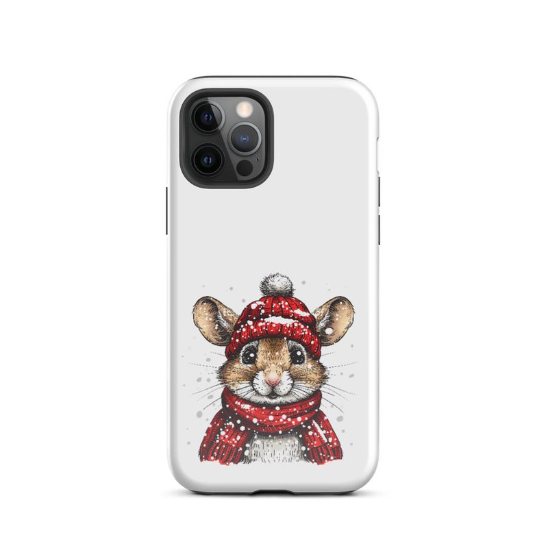 Tough Case for iPhone, Mouse wearing red winter hat and scarf in the snow, xg8dl3