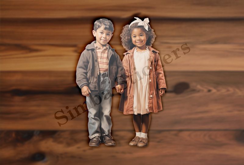 Boy and girls holding hands, smiling, bow in girl&#x27;s hair