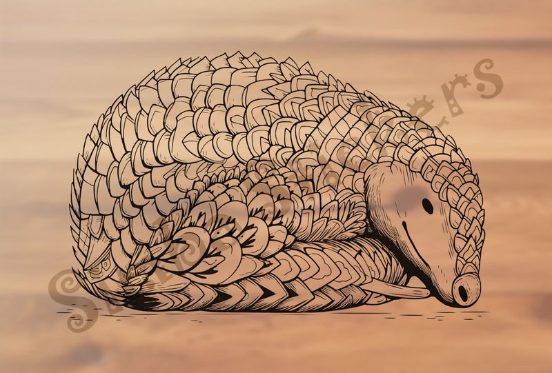 Pangolin sleeping, eyes open, outline art