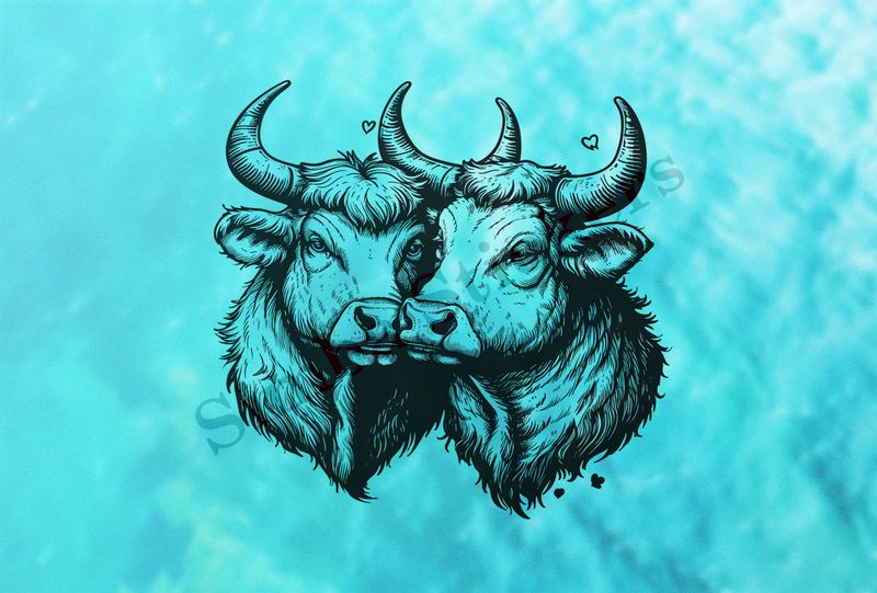 Cattle,  cheek-to-cheek, horns locked, outline art