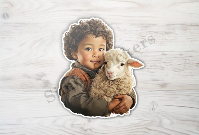 Lamb hugged by small boy of Asian origin, vintage