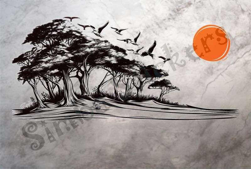 Equatorial Rainforest landscape, large sun at sunrise, outline art