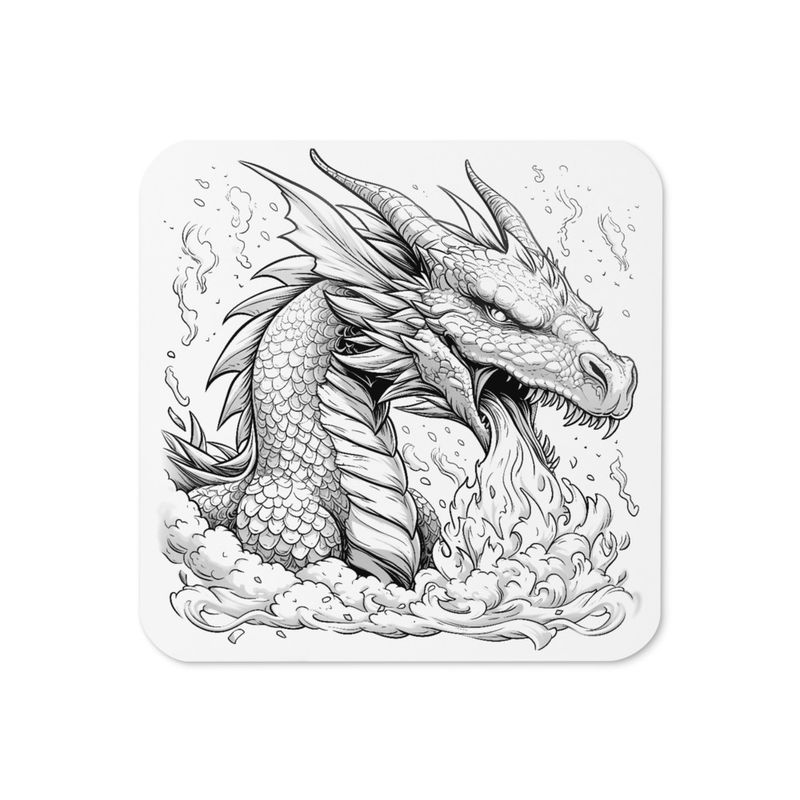 Cork-Back Coaster, Dragon breathing fire, engulfed in smoke, outline art, mirrored