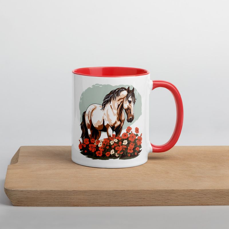 White Ceramic Mug with Color Inside, 11&amp;15oz, Brown horse in field of red flowers, n4w2fj