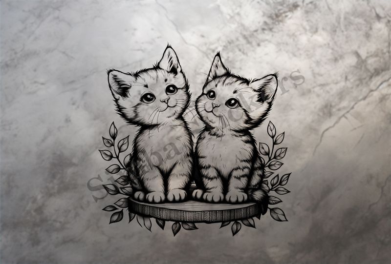 Cats on wooden stand, romantic, outline art