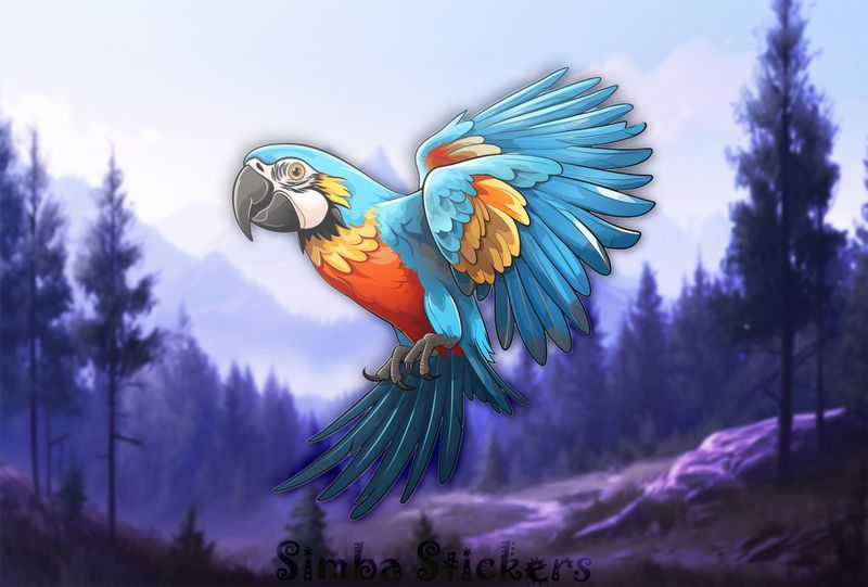 Bluish parrot with yellow patches and wings outspread, 0iaonv