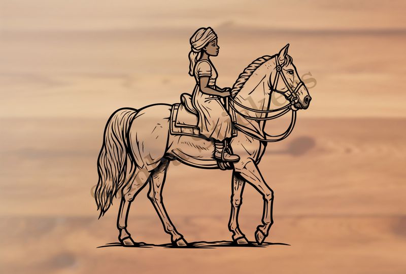 Horse with young female rider outline art