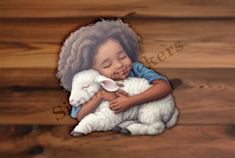 Sheep  hugged by happy girl with frizzy hair