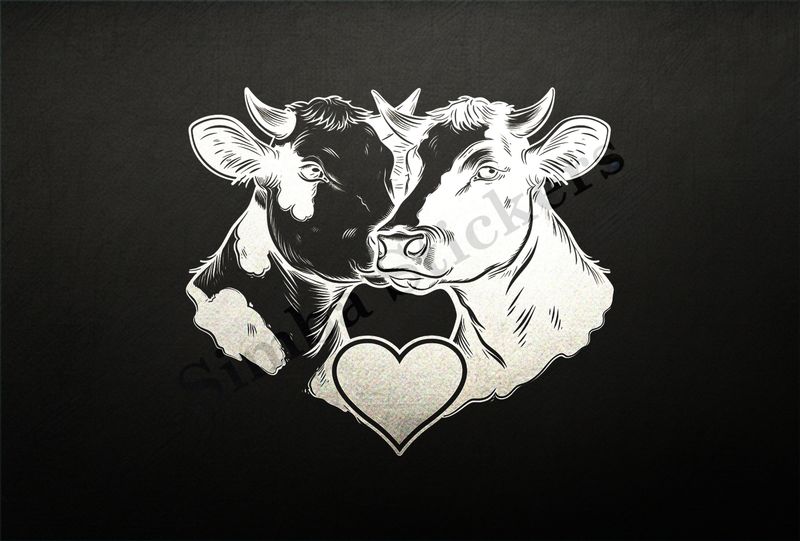 Cattle  cheek-to-cheek, heart in picture, outline art