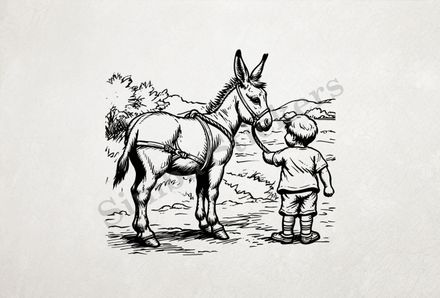Donkey led on a rope by a small boy out in the open, outline art
