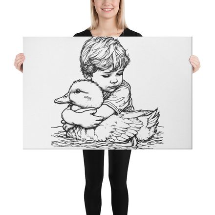 Canvas Print, 36x24, Duck hugged by small boy, outline art 