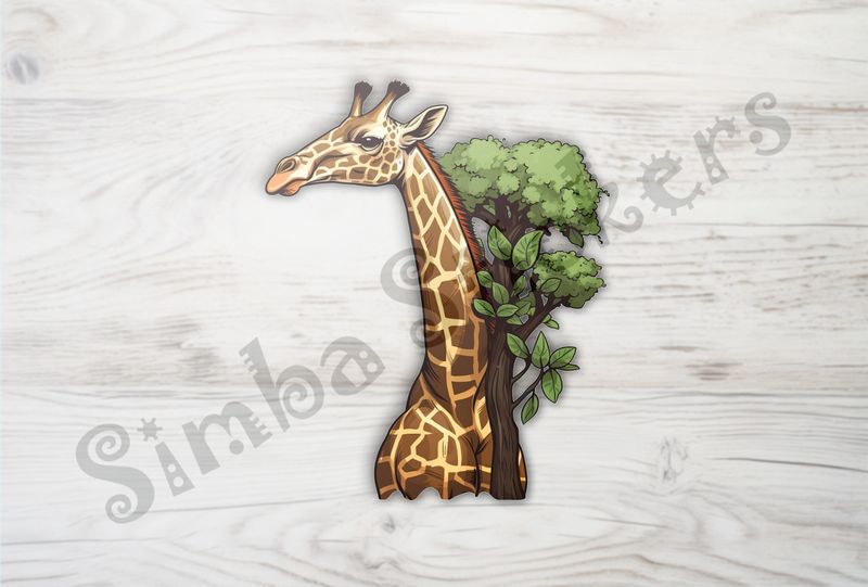 Giraffe standing tall next to tree, towering above it