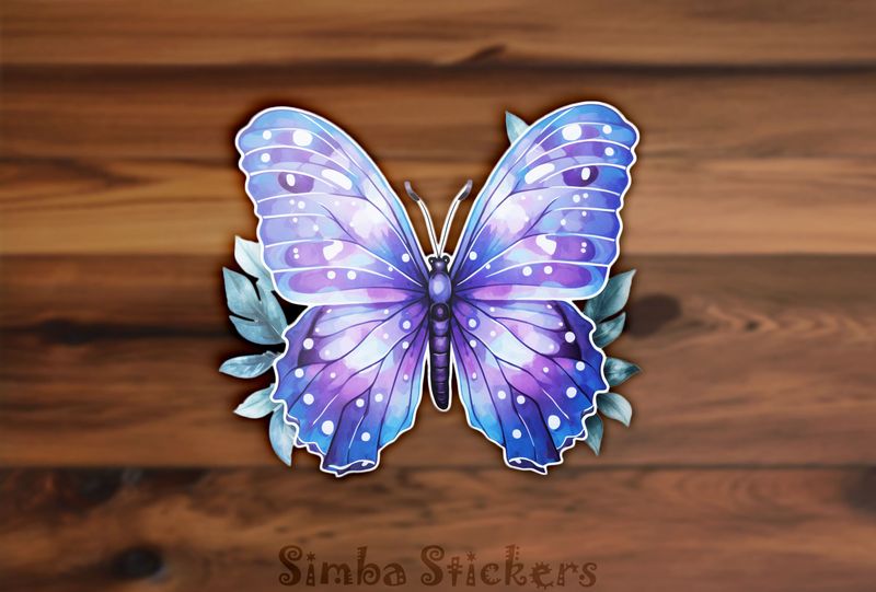 Purple and blue butterfly on leaf, watercolour, bpg3ck