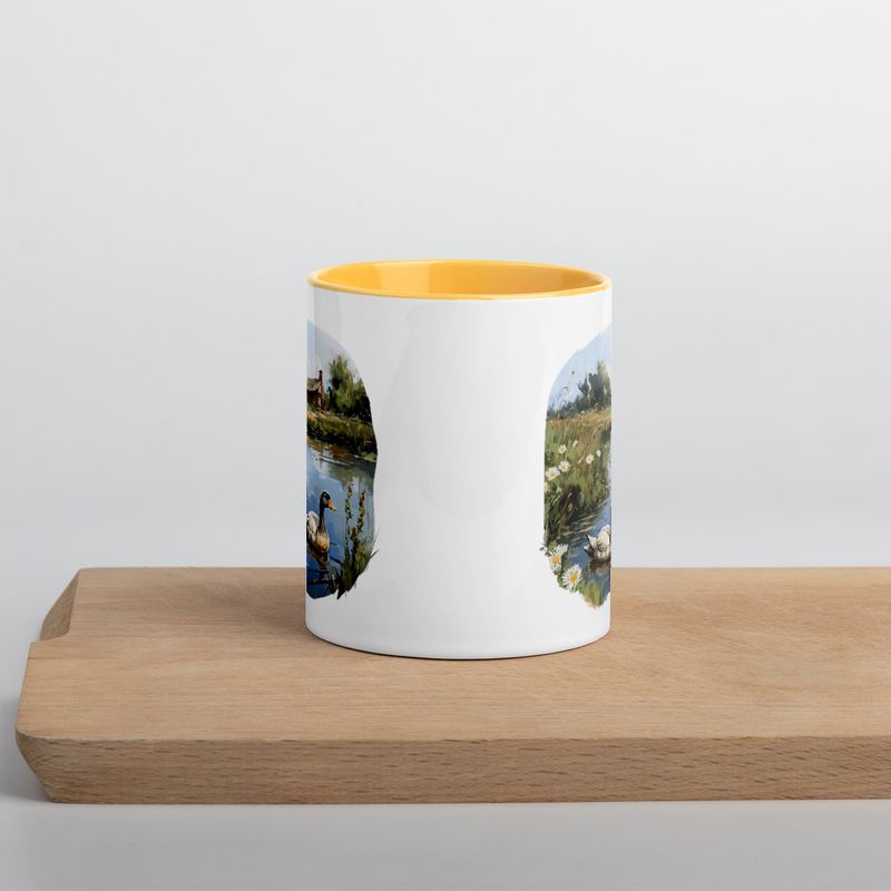 White Ceramic Mug with Color Inside, 11 &amp;15oz, Ducks in love swimming in farmhouse pond 