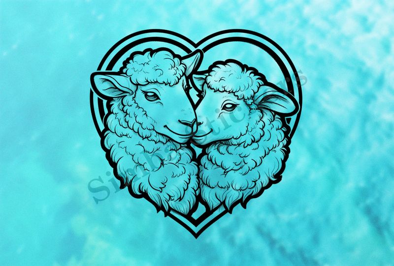 Sheep in love, in hear-shaped window, outline art