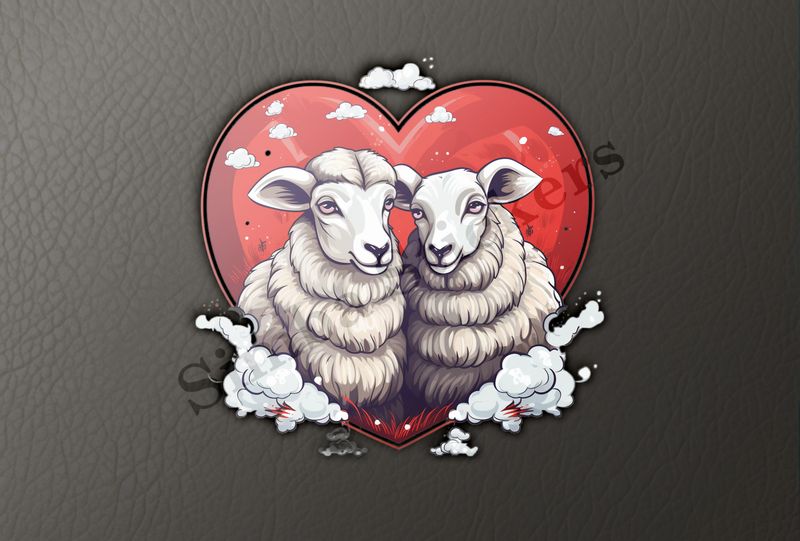 Sheep ewe and ram in love,  read heart, white clouds