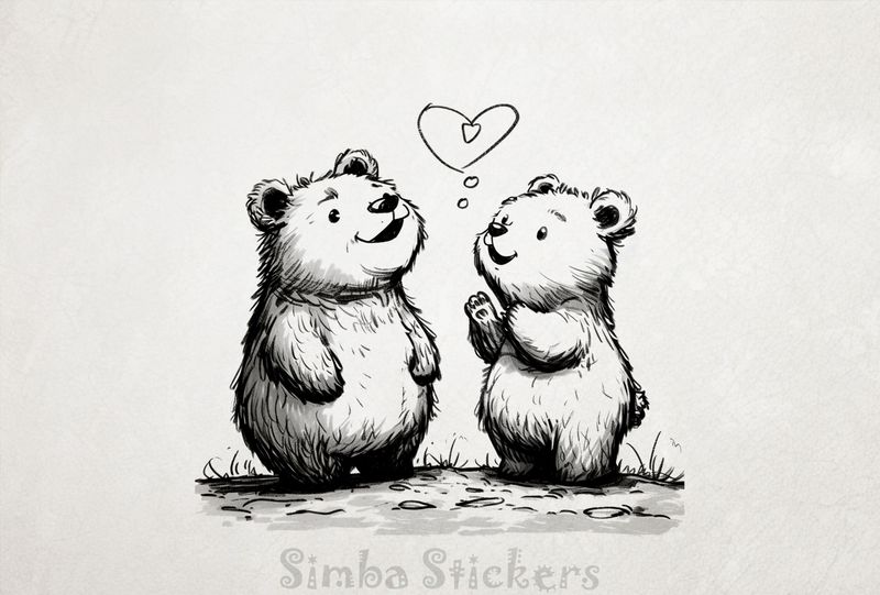 Chubby bears excited at Valentine&#x27;s heart above, outline art, zx9x81