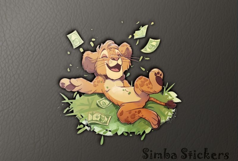 Simba Lion cub happily lifting leg up in flying money