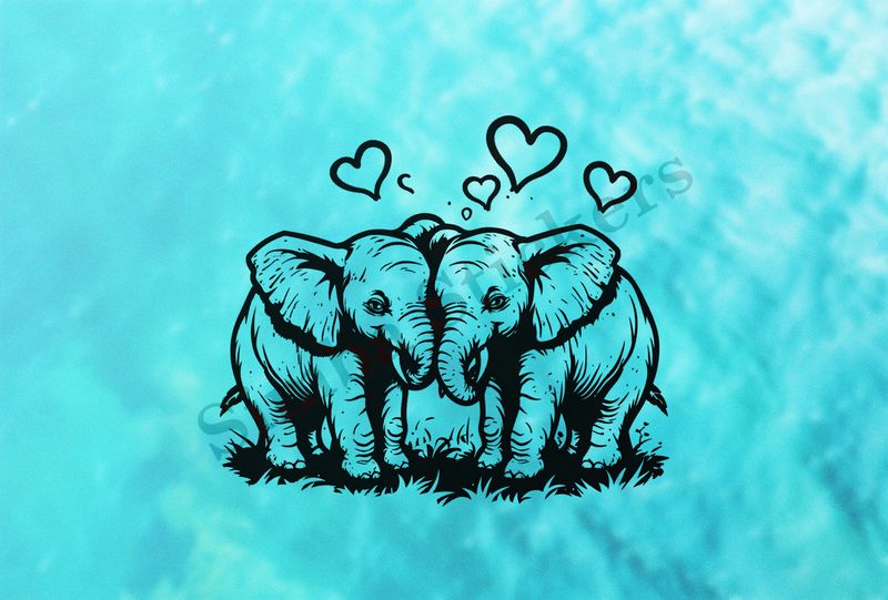Child elephants in love, romantic hearts, outline art