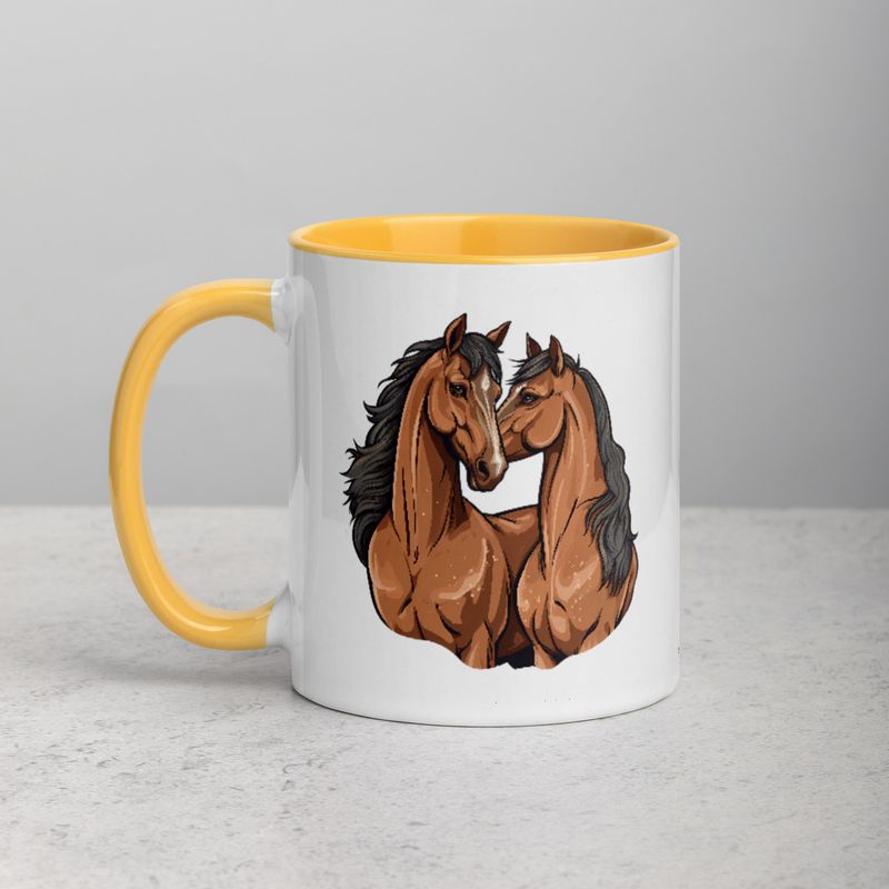 White Ceramic Mug with Color Inside, 11&amp;15oz, Two brown horses snuggling, tdwcyd