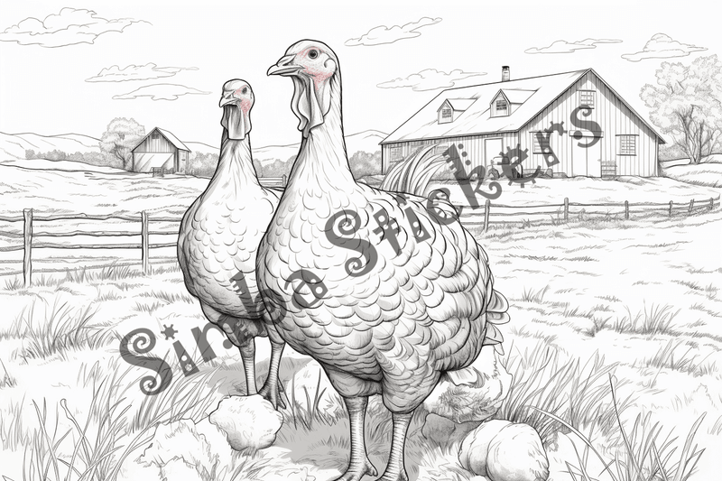 Colouring pages, bundle of turkeys on a farm, 10 images